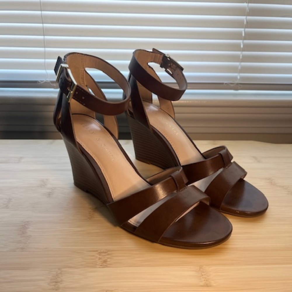 LIKE NEW Kelly & Katie Brown Wedge Sandals with Ankle Strap Block Heel Size 7M